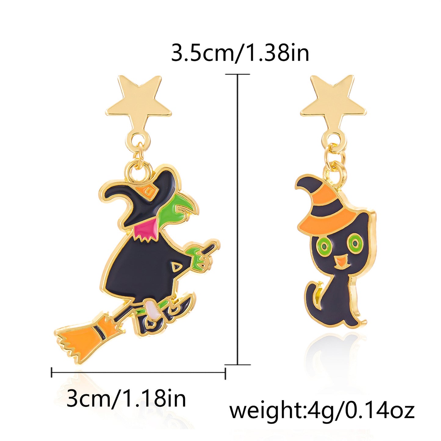 E4013 aretes asimétricos bruja y gato negro Halloween aleacion 4cm