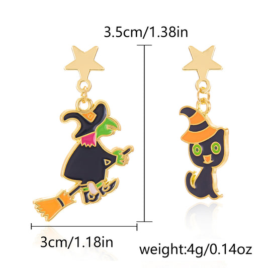 E4013 aretes asimétricos bruja y gato negro Halloween aleacion 4cm