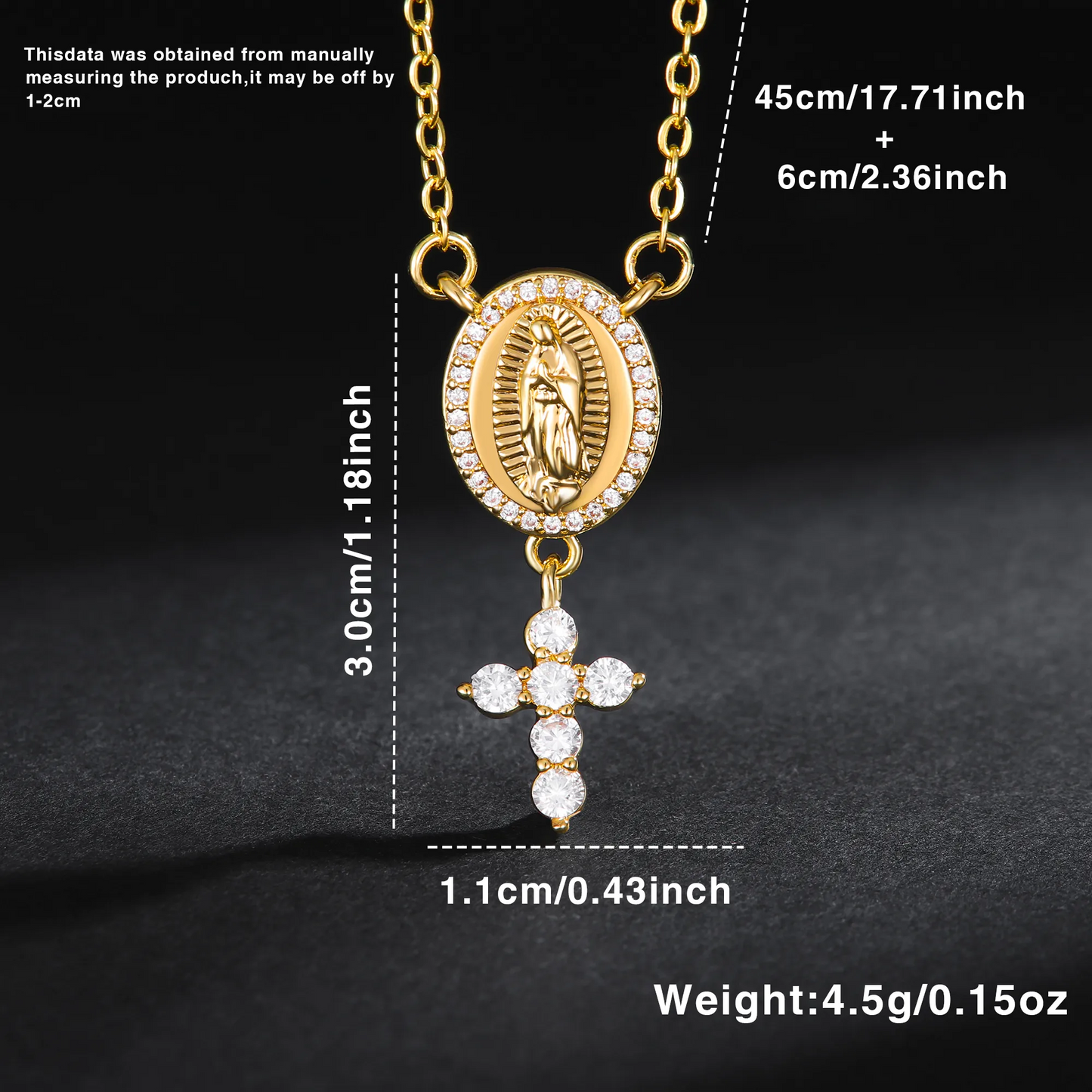 C907 Collar círculo cruzado cruz virgen de Guadalupe acero inoxidable chapado en oro de 18k 20cm largo 2.7cm dije