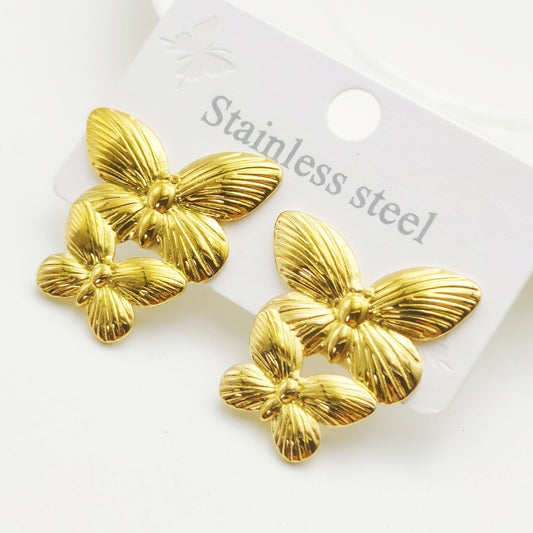E3377 Aretes mariposa doble acero inoxidable chapado en oro 18k 2.5cm