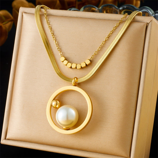 C804 collar aro perla acero inoxidable chapado en oro de 18k 24cm de largo 4cm dije
