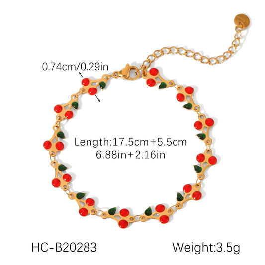 J571 Pulsera cerezas acero inoxidable chapado en oro de 18k 21cm