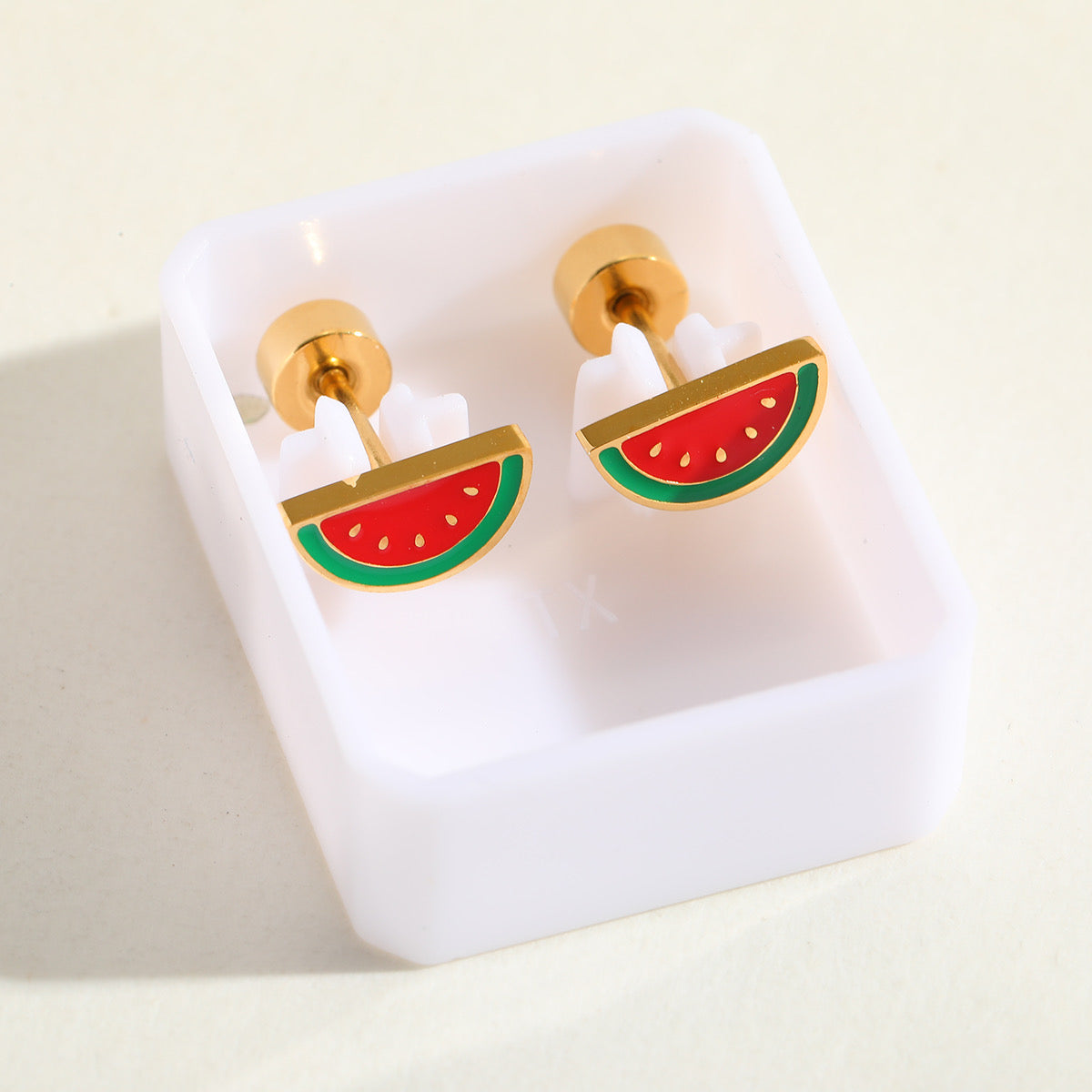 E4667 Aretes sandía acero inoxidable chapado en oro de 18k 1cm