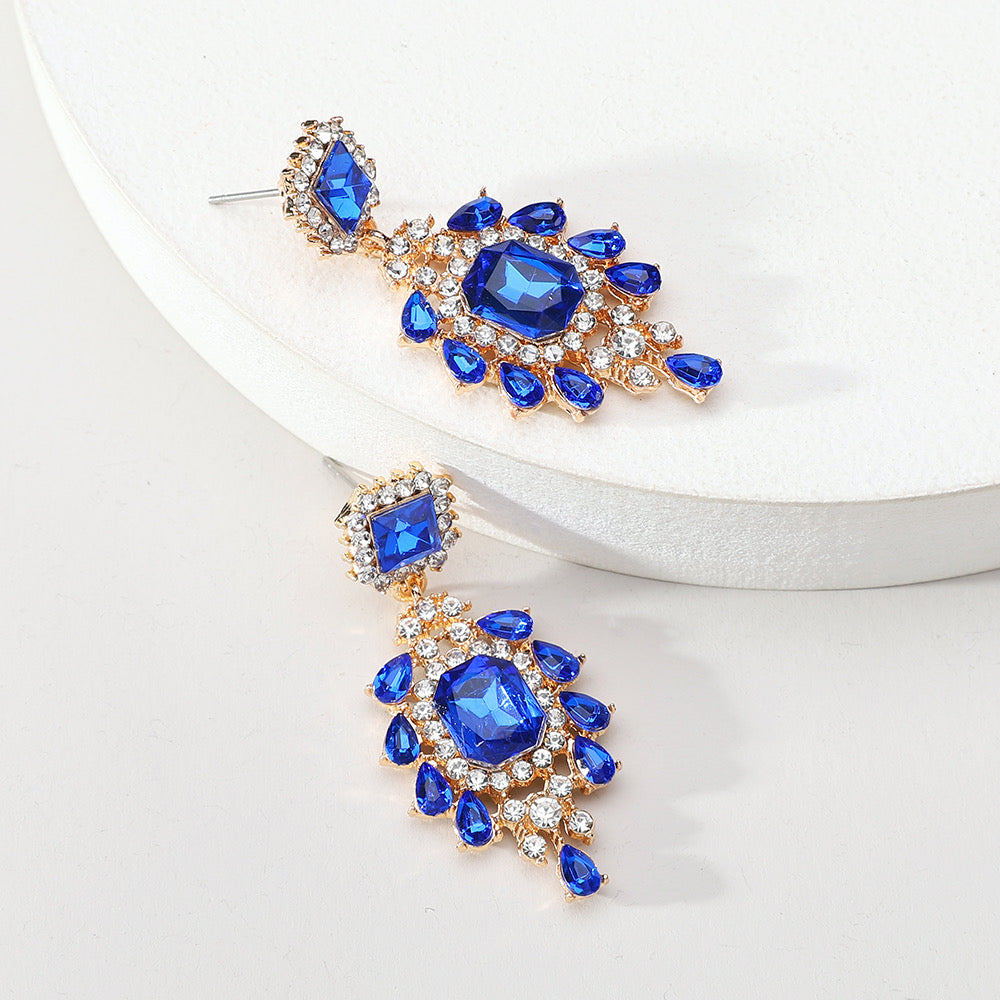 E5843 Aretes brillantes cristales azul rey aleacion vidrio enchapado en oro 4cm