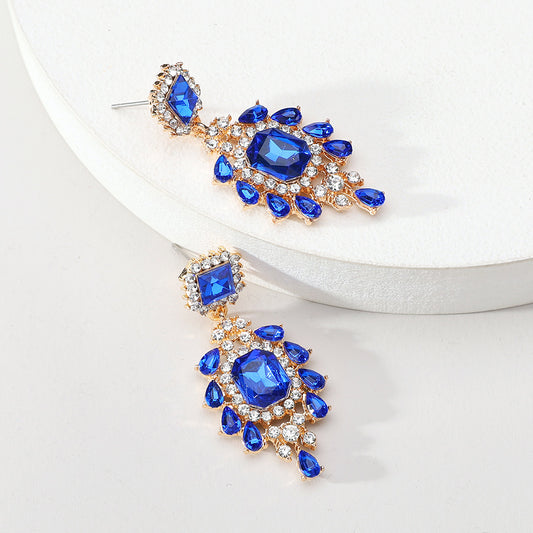 E5843 Aretes brillantes cristales azul rey aleacion vidrio enchapado en oro 4cm
