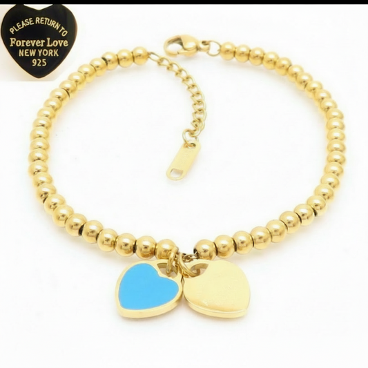 B606D Pulsera corazon azul acero inoxidable chapada en oro de 18k 20cm