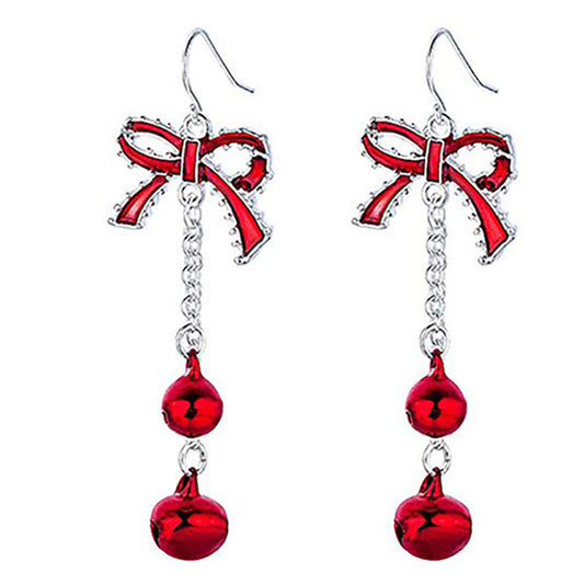 E4181 Aretes colgantes cascabel moño rojo navideños aleacion 7.5cm