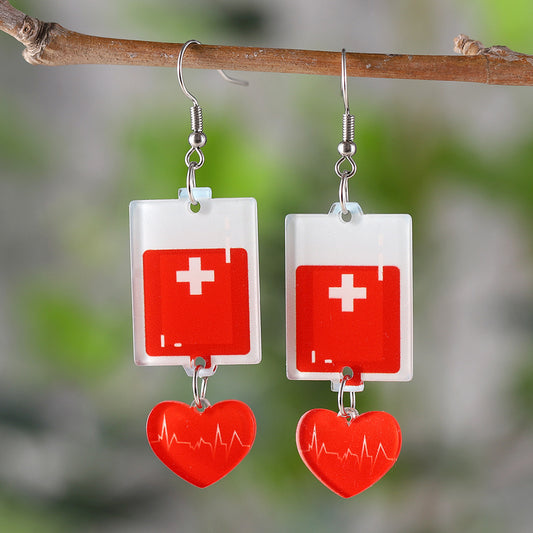 E3472 Aretes enfermeria corazon rojo acrilico 7cm