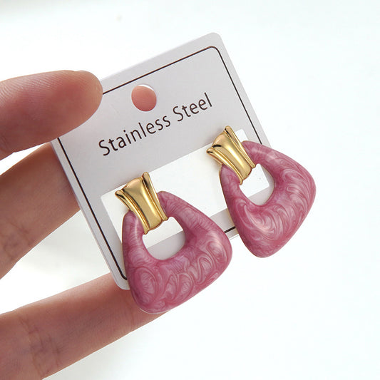E6075 Aretes triangulo colgante rosa dorada acero inoxidable 4cm