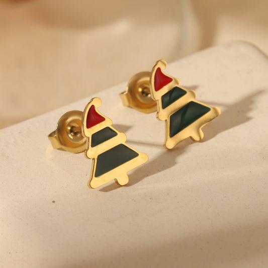 E3543 Aretes árbol de Navidad acero inoxidable chapado en oro de 14k 1cm