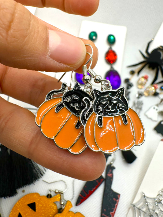 E234 Aretes Gato Negro Calabaza Halloween