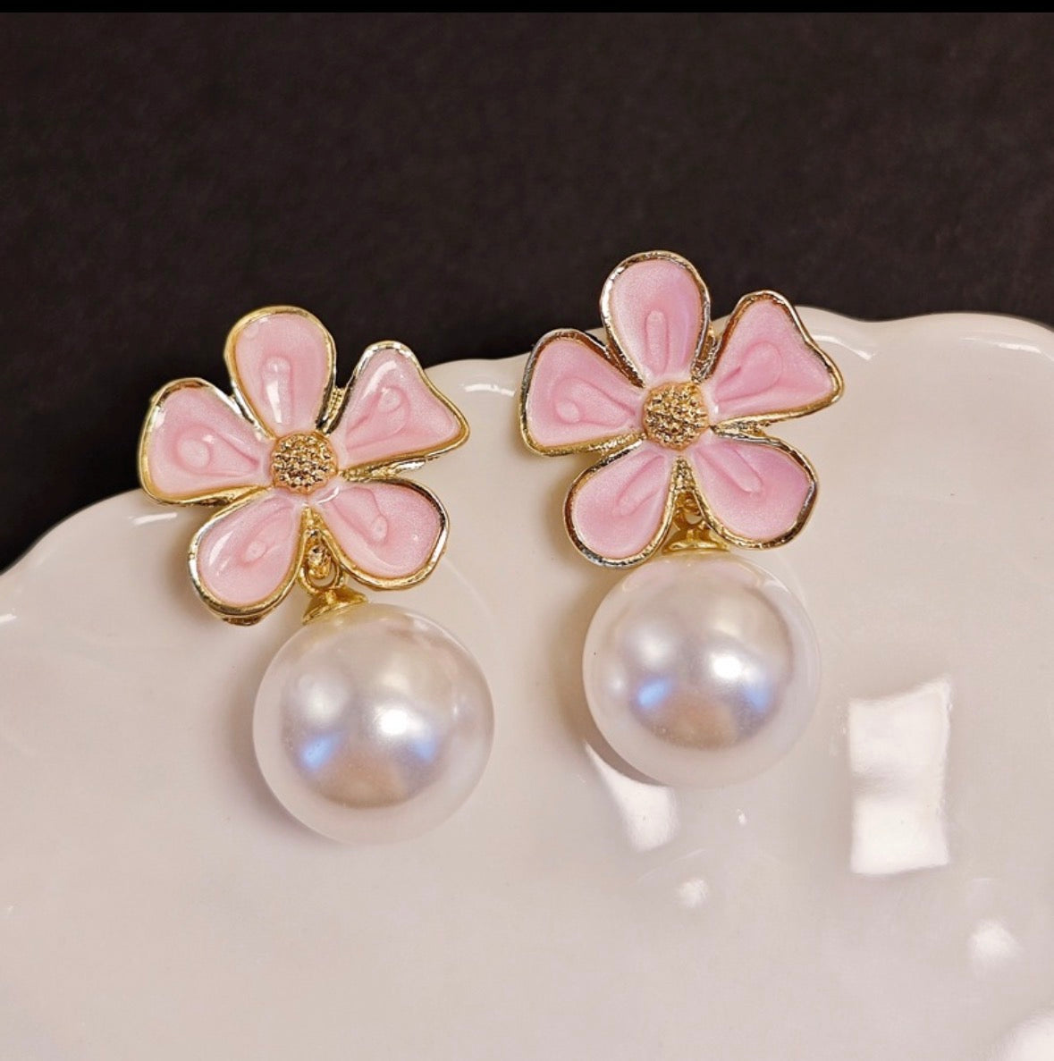 E5436 Aretes flor rosa perla aleacion 3cm