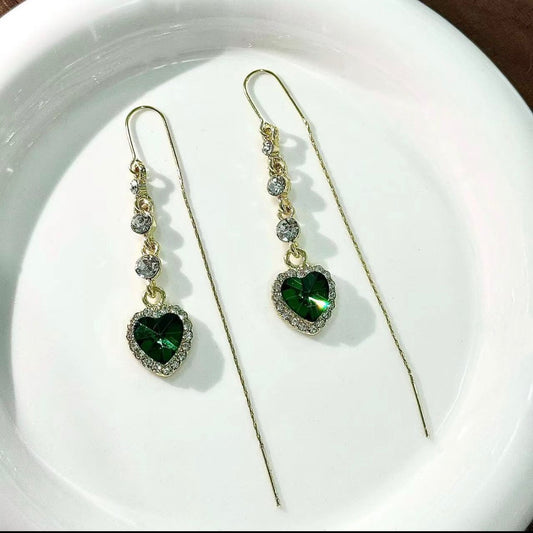 E7094 Aretes corazón colgante verde  esmeralda violador  aleacion 8cm