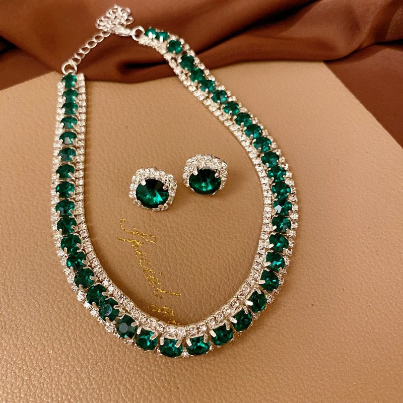C1028V Conjunto collar y aretes cristal verde aleacion 20cm,1.5 cm
