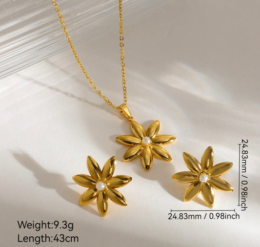 C1559 conjunto de collar y aretes flor dorada acero inoxidable SUS304 4cm