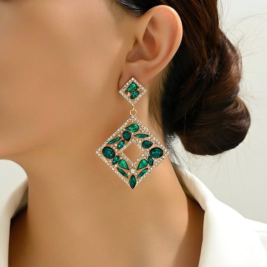 E3538 Aretes rombo verde cristal fiesta aleacion 7cm
