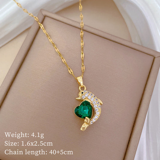 C723 Collar delfin de cristal verde acero de titanio y cobre