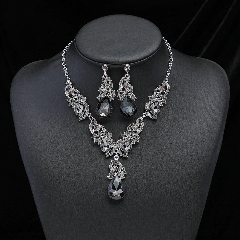 C633 Conjunto collar aretes gota cristal vintage fiesta aleacion largo 26cm aretes 5.5cm