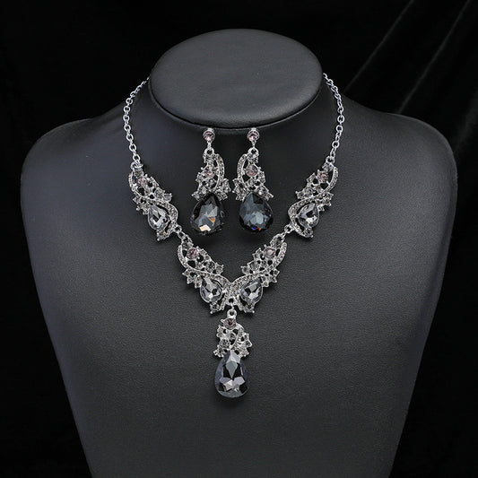 C633 Conjunto collar aretes gota cristal vintage fiesta aleacion largo 26cm aretes 5.5cm