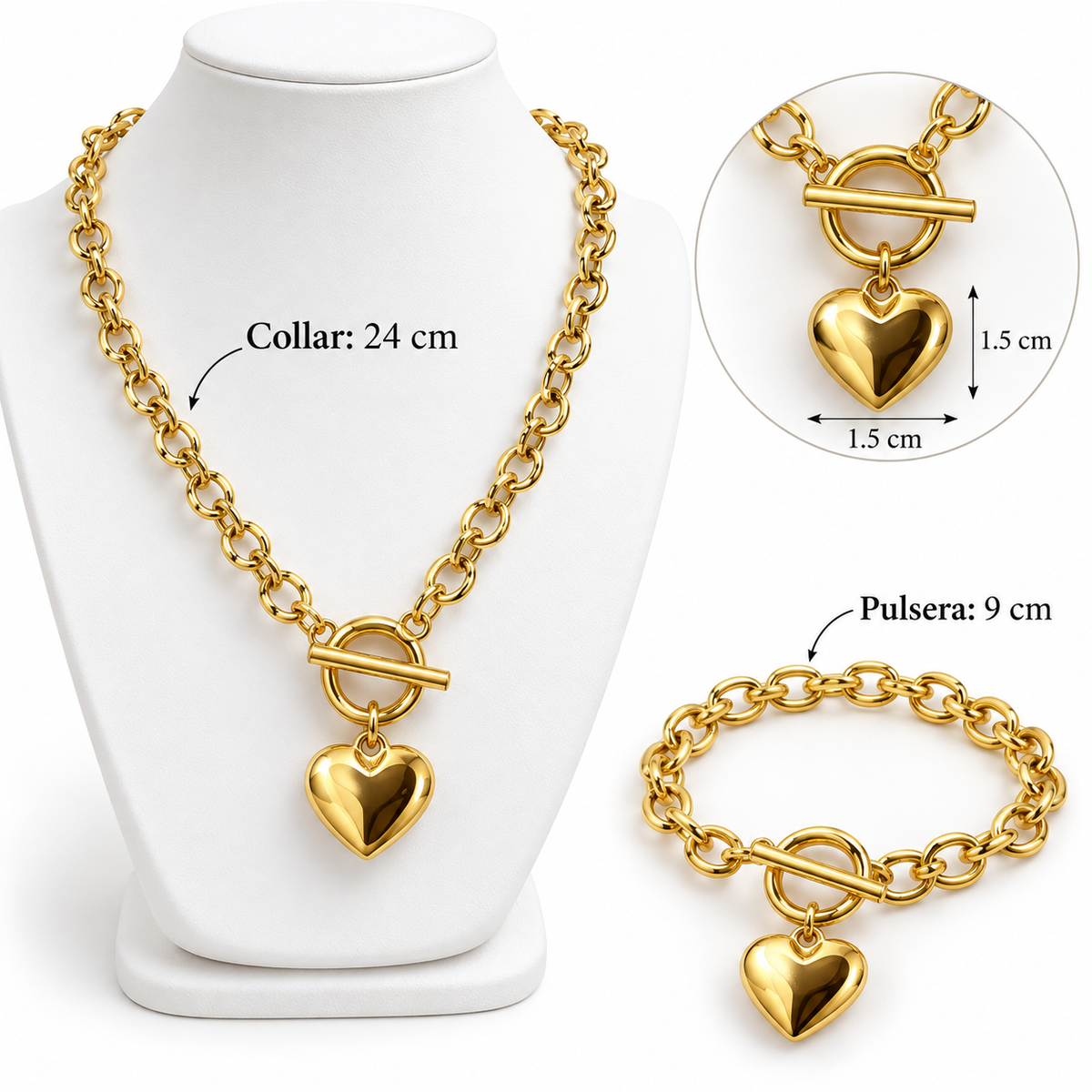 C104 Collar y pulsera con broche frente de corazon acero inoxidable  304