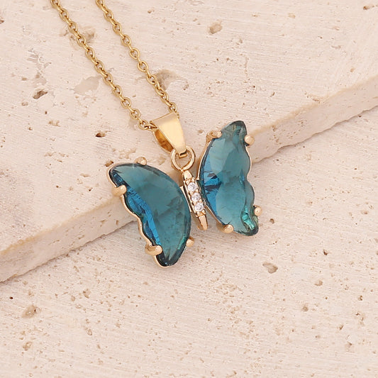 C621AA Collar mariposa azul acero inoxidable chapado en oro 18k largo 23cm dije 2cm