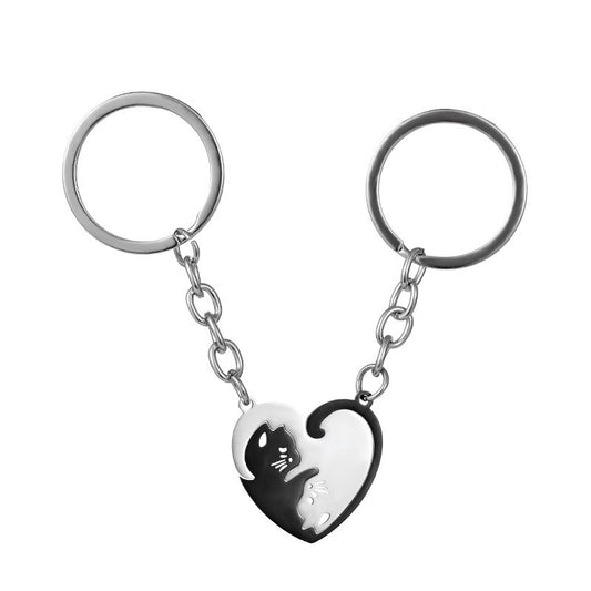 K98 llavero dúo corazón gatos ying yang acero inoxidable 9cm