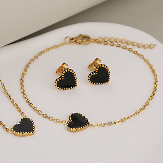 C1157 Conjunto de collar,pulses y aretes dorados corazon negro acero inoxidable