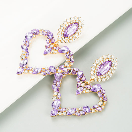 E3172 Aretes corazon cristal lila aleacion largo 8cm