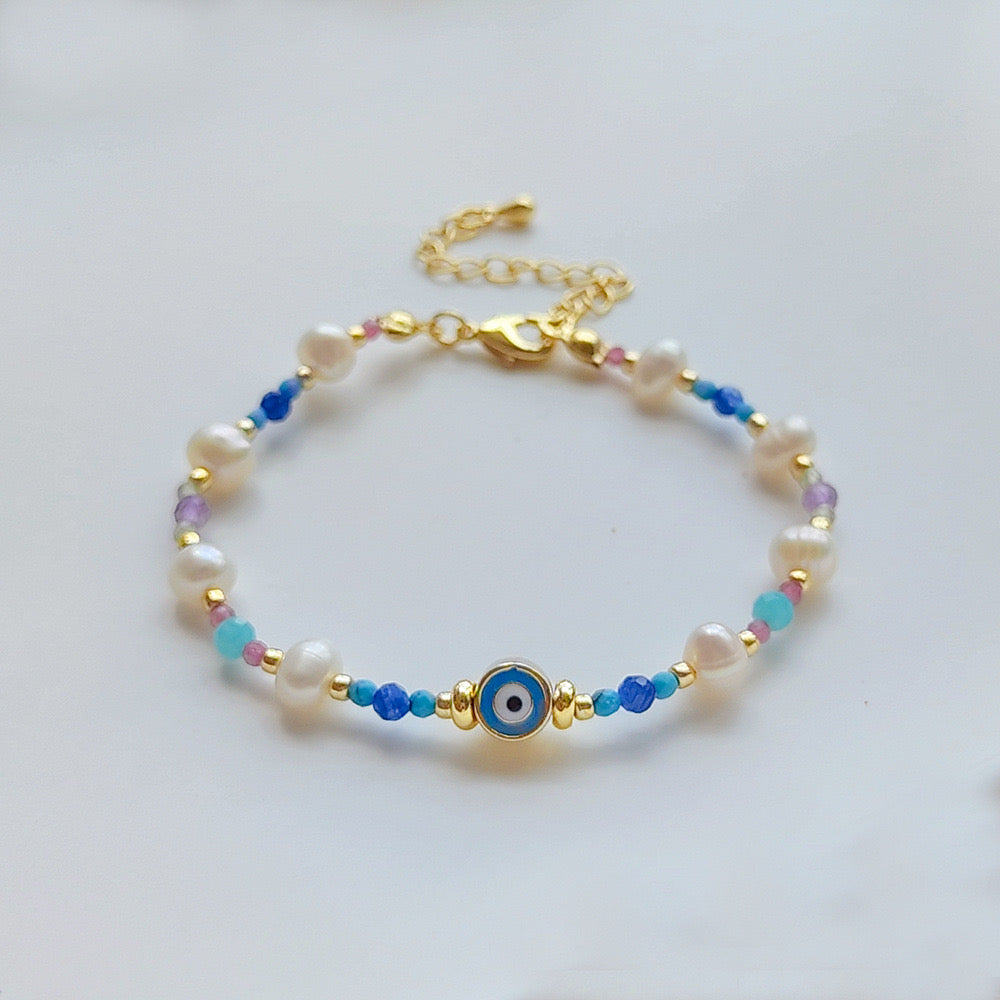 B627 Pulsera ojo turco azul chapado en oro de 18k