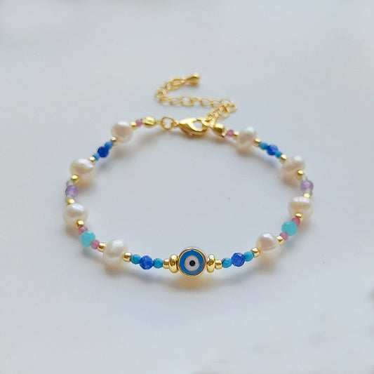 B627 Pulsera ojo turco azul chapado en oro de 18k