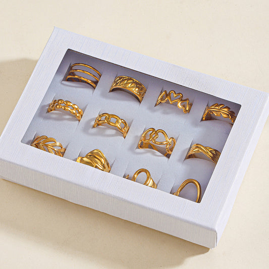 A120 Paquete anillos acero inoxidable chapado en oro 18k incluye 12 piezas anillos