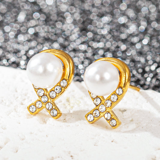 E3451 Aretes perla moño acero inoxidable chapado en oro de 18k 1cm