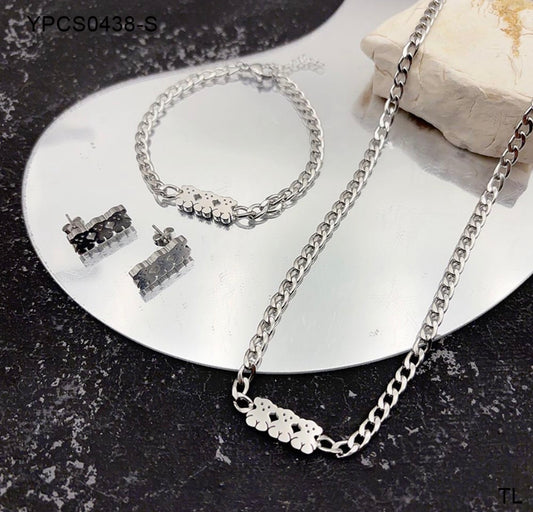 C1201 conjunto de collar pulsera y aretes osos plateados acero inoxidable chapado en oro de 18k