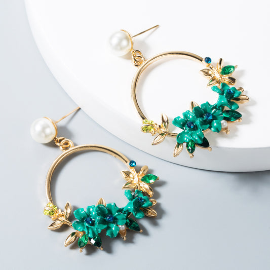 E5084 Aretes borla flores verdes  aleacion 4cm