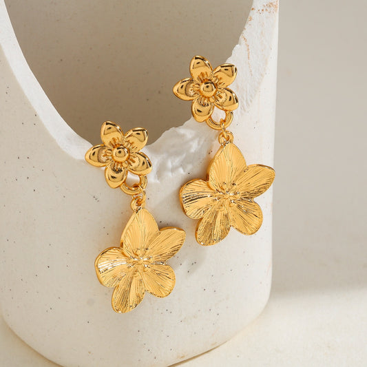 E6081 Aretes flor dorada colgante 4.5cm acero inoxidable