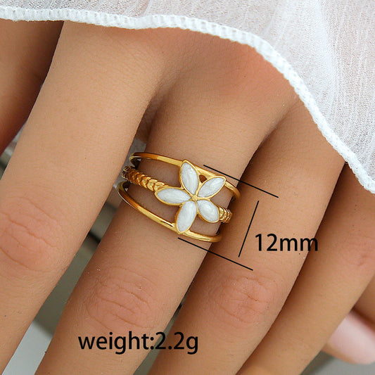 A210 anillo flor blanca dorado acero inoxidable ajustable