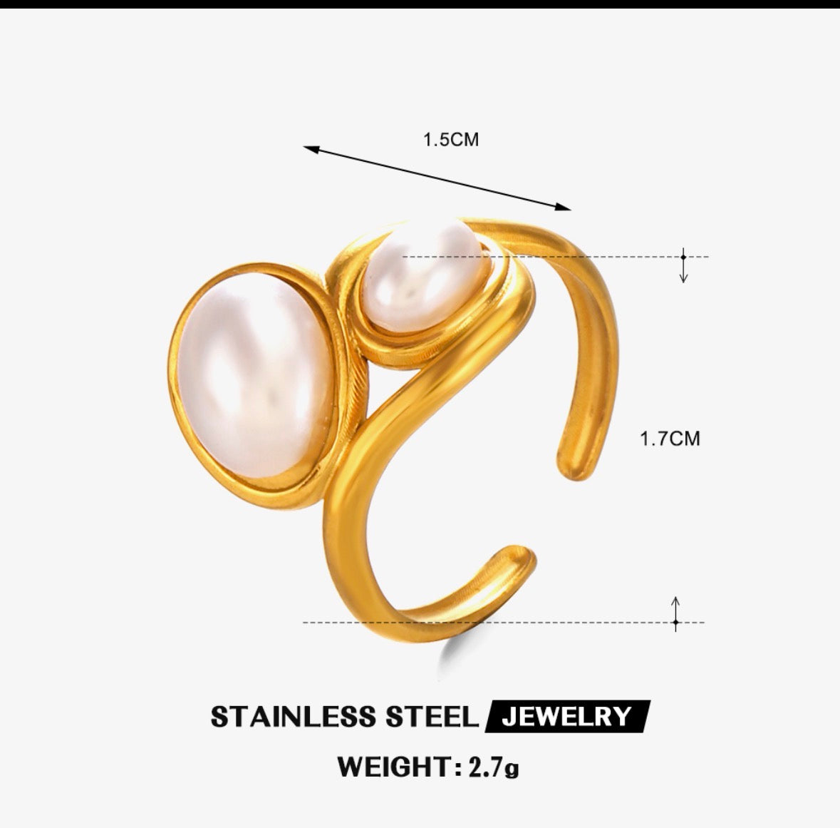 A329 Anillo abstracto perlas acero inoxidable chapado en oro de 18k abierto