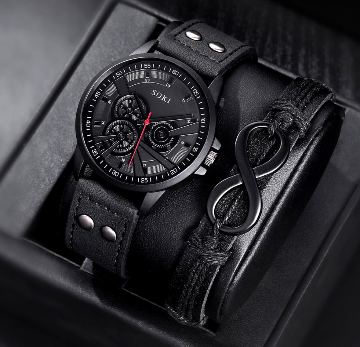 R210 Reloj negro hebilla de cuero sintetico de hombre