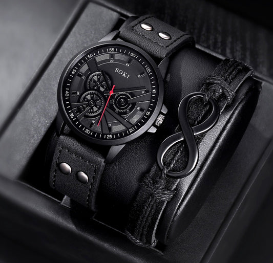 R210 Reloj negro hebilla de cuero sintetico de hombre