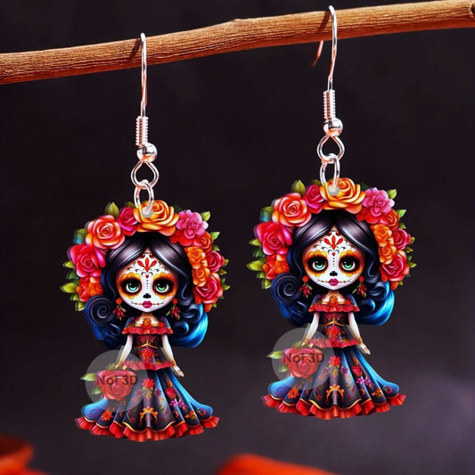 E4057  Aretes catrina día de muertos Halloween  acrílico 4cm