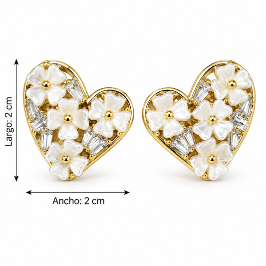 E7416 Aretes corazon flores de aleacion