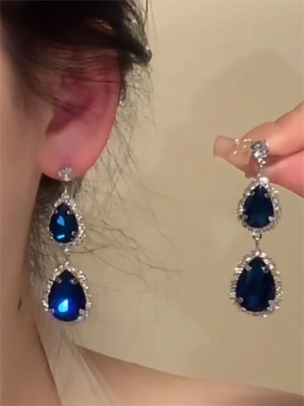 E4384 Aretes gota de cristal azul aleacion 6cm