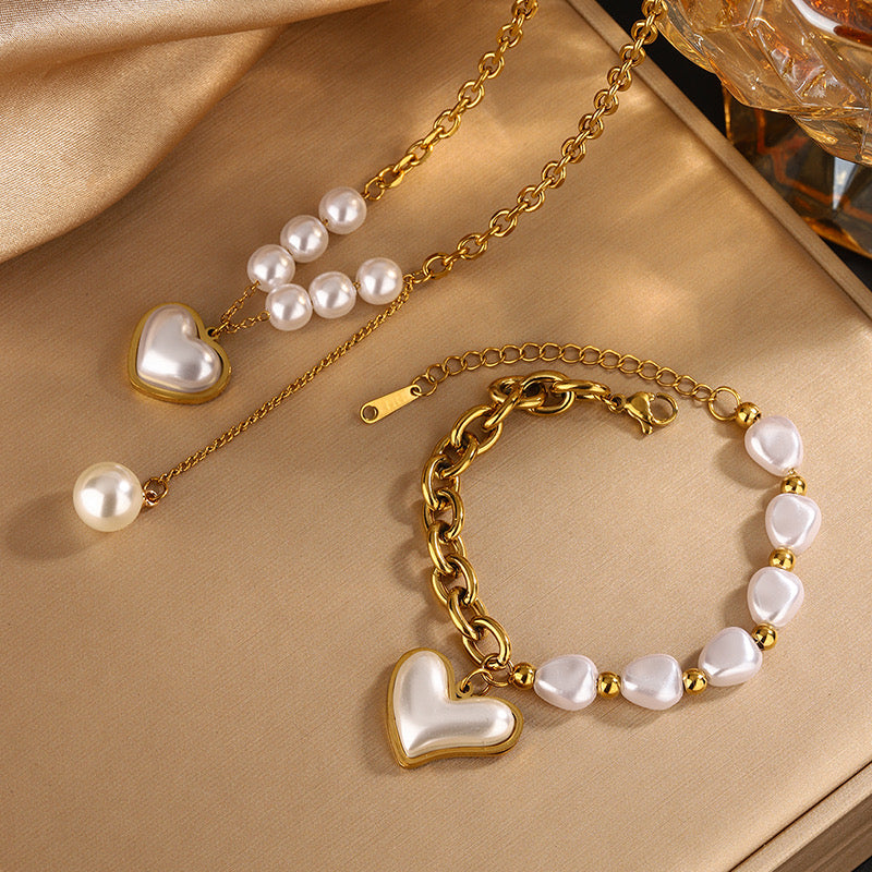 C500 Conjunto collar pulsera madre perla acero inoxidable chapado en oro 18k largo collar 25cm dije 1cm pulsera largo 10cm