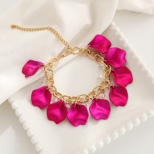 C1602 Collar pétalos rosa fucsia dorados aleacion 26cm