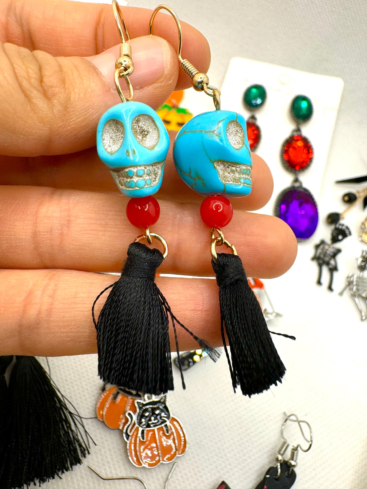 E266 Aretes Calavera Azul Borla Halloween