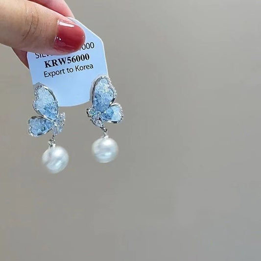 E3847 Aretes mariposa perla aleacion esmaltado 3cm