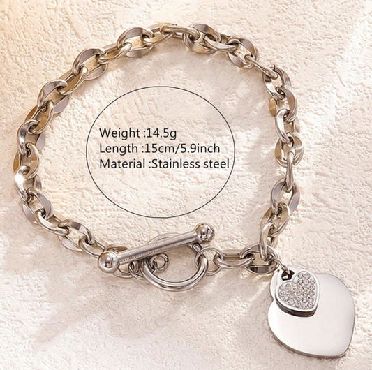 B604 Pulsera corazon plateada acero inoxidable chapada en oro de 18k 18cm