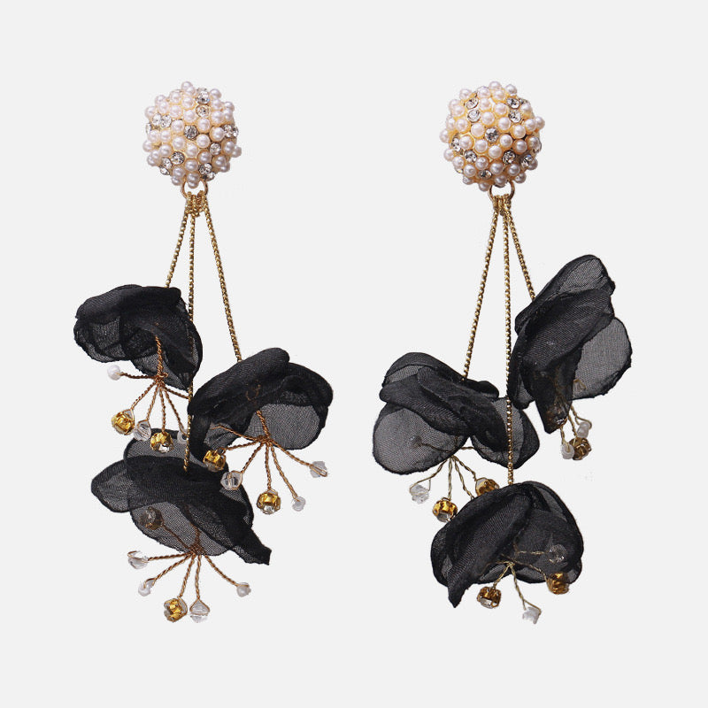 E3980 Aretes pétalo negro hechos a mano aleacion cordón 6cm