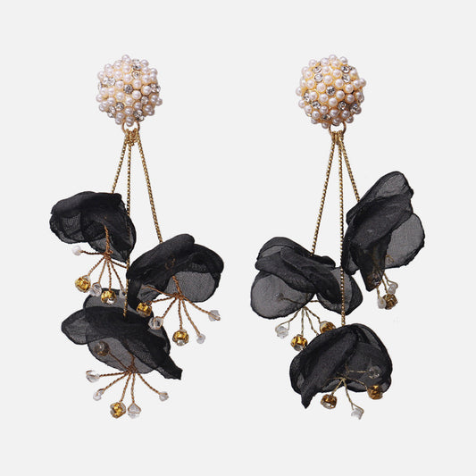 E3980 Aretes pétalo negro hechos a mano aleacion cordón 6cm