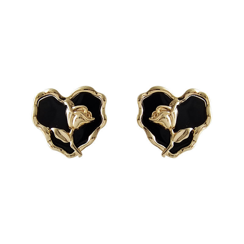 E3527 Aretes corazón negro  poste de plata 2cm